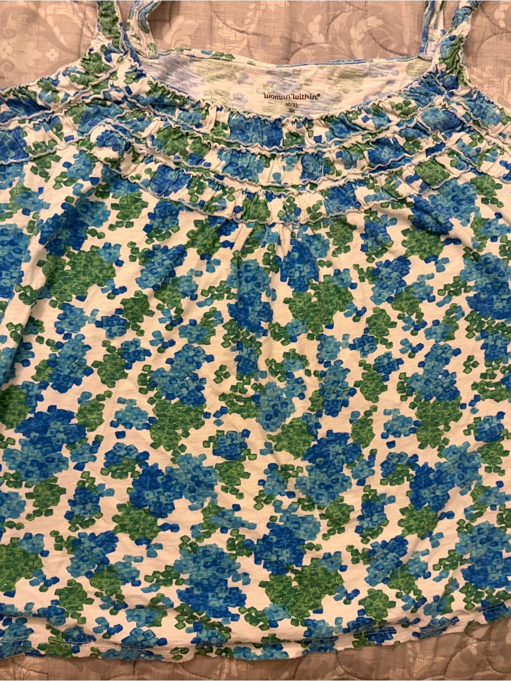 Woman Within Blue and Green Floral Ruffled Neck Camisole